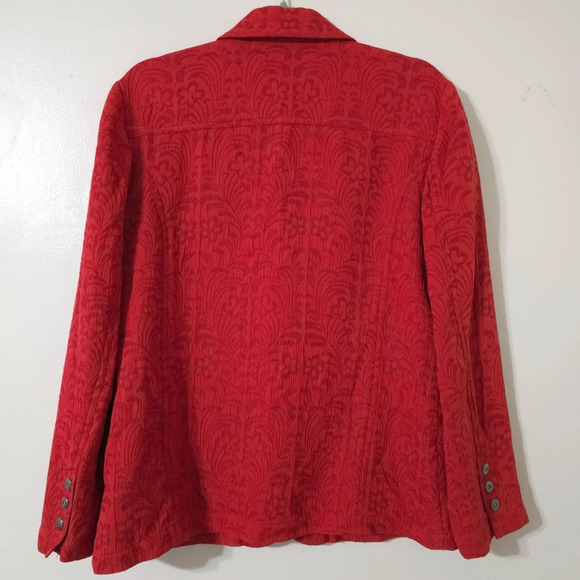CHICOS 100% Silk Floral Knit Patterned Blazer, Red Orange, Unlined, Size 1, M - Picture 6 of 16